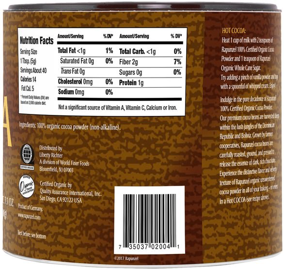 食品，可可（可可）巧克力，可可粉和混合物 - Rapunzel, Organic Cocoa Powder, 7.1 oz (201 g)
