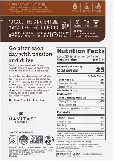 食物，可可（可可）巧克力 - Navitas Organics, Organic Cacao Sweet Nibs, 4 oz (113 g)