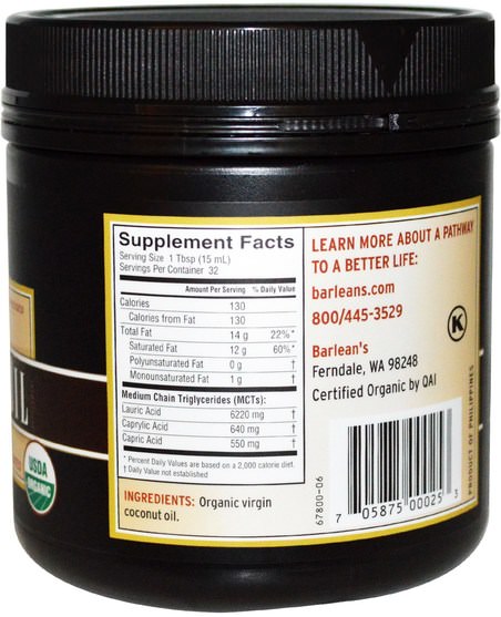 食物，椰子油 - Barleans, Organic Virgin Coconut Oil, 16 fl oz (473 ml)