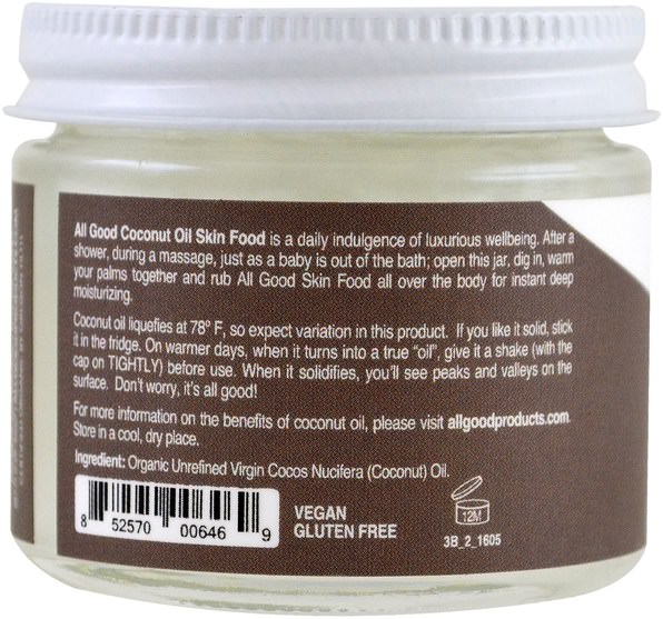 食物，椰子油，浴，美容 - All Good Products, Organic Coconut Oil, Skin Food, Coconut, 2 fl oz (59 ml)
