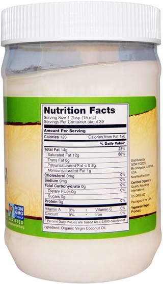 食物，椰子油，食用油酒和醋 - Now Foods, Real Food, Organic Virgin Coconut Oil, 20 fl oz (591 ml)