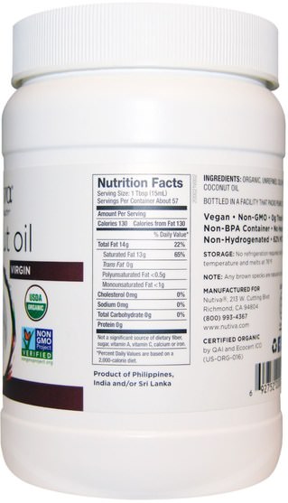 食物，椰子油，食用油酒和醋 - Nutiva, Organic Coconut Oil, Virgin, 29 fl oz (858 ml)
