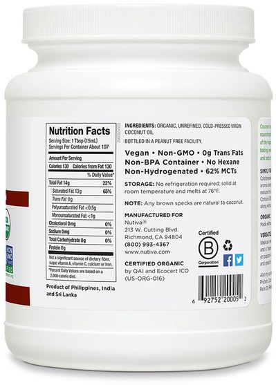食物，椰子油，食用油酒和醋 - Nutiva, Organic Virgin Coconut Oil, 54 fl oz (1.6 L)