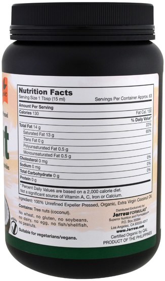 食物，椰子油 - Jarrow Formulas, Organic Extra Virgin Coconut Oil, Expeller Pressed, 32 fl oz (946 ml)