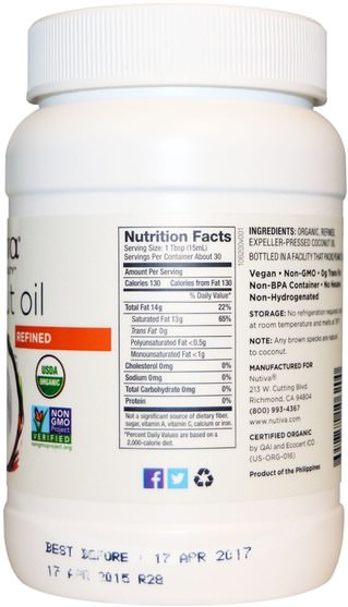 食物，椰子油，nutiva椰子油 - Nutiva, Organic Coconut Oil, Refined, 15 fl oz (444 ml)