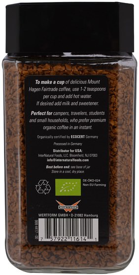 食物，咖啡，速溶咖啡，酮類友好 - Mount Hagen, Organic Fairtrade Coffee, Instant, Freeze Dried, 3.53 oz (100 g)
