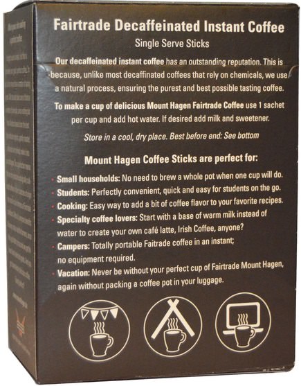 食物，咖啡，速溶咖啡，酮類友好 - Mount Hagen, Organic Fairtrade, Decaffeinated Instant Coffee, 25 Sticks, 1.76 oz (50 g)