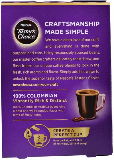 食物，咖啡，速溶咖啡，酮類友好 - Nescaf, Tasters Choice, Instant Coffee, 100% Colombian, 16 Single Serve Packets, 0.1 oz (3 g) Each