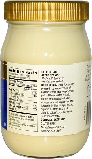食物，調味品，蛋黃醬，調味品和調味品 - Spectrum Naturals, Organic Mayonnaise, 16 fl oz (473 ml)