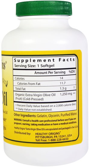 食物，食用油葡萄酒和醋，橄欖油，補充劑，橄欖油補充劑 - Healthy Origins, Extra Virgin Olive Oil, 1.250 mg, 120 Softgels