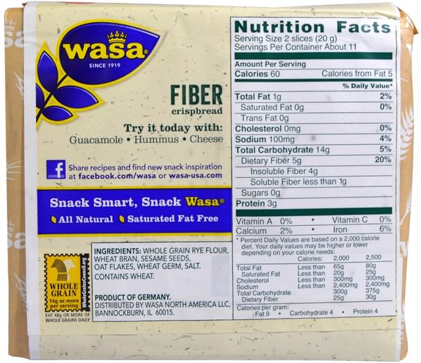食物，餅乾和麵包棒 - Wasa Flatbread, Whole Grain Crispbread, Fiber, 8.1 oz (230 g)