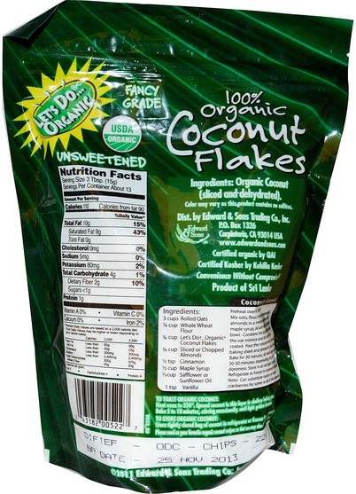 食物，乾果，愛德華和兒子椰子整個 - Edward & Sons, Coconut Flakes, Unsweetened, Organic 7 oz (200 g)