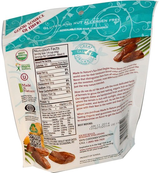 食物，乾果 - Made in Nature, Organic Dates, Pitted, Sun-Dried & Unsulfured, 6 oz (170 g)