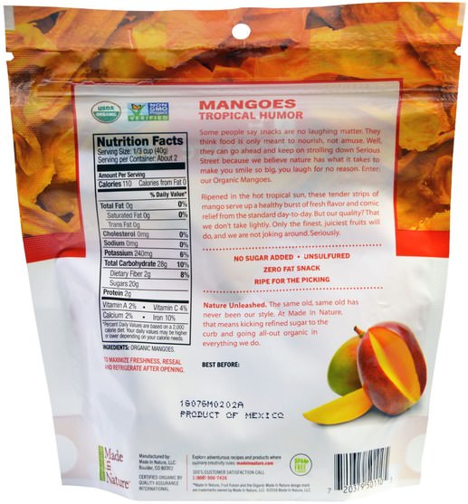 食物，乾果，芒果 - Made in Nature, Organic Mangos Sweet & Tangy Supersnacks, 3 oz (85 g)