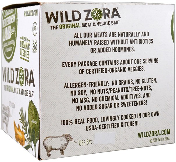 食物，乾果，小吃 - Wild Zora Foods Meat & Veggie Bar, Mediterranean Lamb with Spinach, Rosemary & Turmeric, 10 Packs, 1.0 oz (28 g) Each