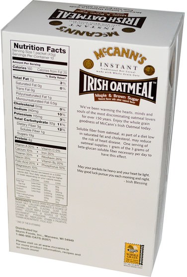 食物，食物，穀物 - McCanns Irish Oatmeal, Instant Oatmeal, Maple & Brown Sugar, 10 Packets, 43 g Each