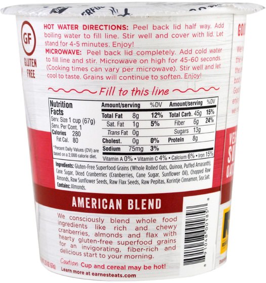 食品，食品，穀物，全麥穀物，燕麥燕麥片 - Earnest Eats, Superfood Oatmeal, Cranberry + Almond + Flax, American Blend, 2.35 oz (67 g)