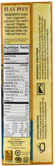 食品，食品，穀物，全麥穀物，燕麥燕麥片 - Natures Path, Organic Hot Oatmeal, Flax Plus, 8 Packets, (50 g) Each