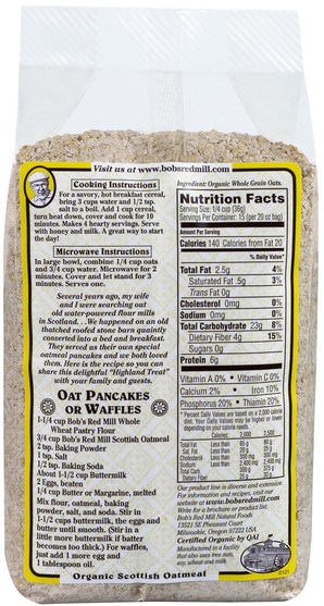 食品，食品，燕麥燕麥片，穀類食品 - Bobs Red Mill, Organic Scottish Oatmeal, 20 oz (567 g)