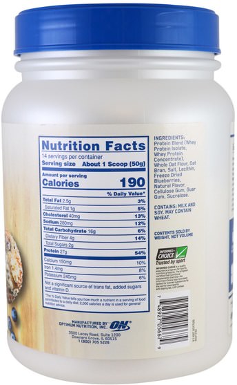 食品，食品，運動，燕麥燕麥片 - Optimum Nutrition, Whey & Oats, Blueberry Muffin, 1.54 lb (700 g)