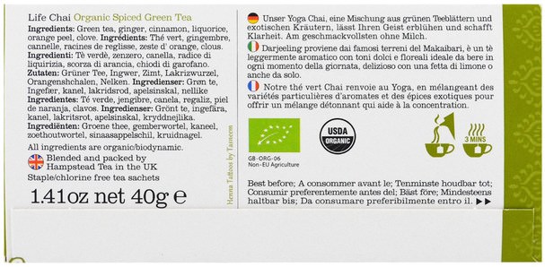 食物，涼茶，柴茶 - Hampstead Tea, Organic Spiced Green Tea, Life Chai, 20 Sachets