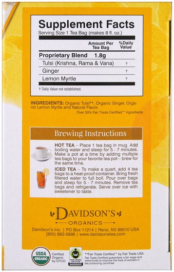 食物，涼茶，生薑茶 - Davidsons Tea, Tulsi, Organic Ginger Lemon Tea, Caffeine-Free, 25 Tea Bags, 1.58 oz (45 g)