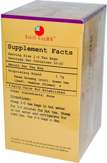 食品，涼茶，人參茶，補品，adaptogen - Health King, Panax Ginseng Herb Tea, 20 Tea Bags, 1.20 oz (34 g)