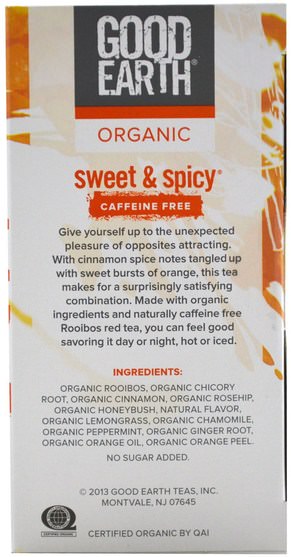 食物，涼茶 - Good Earth Teas, Organic Sweet & Spicy, Caffeine Free, Herbal Tea, 18 Tea Bags, 1.3 oz (36.9 g)