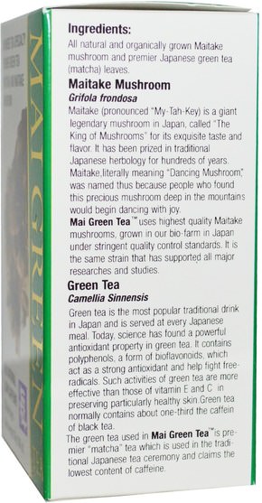 食物，涼茶，綠茶 - Mushroom Wisdom, Mai Green Tea, 20 Tea Bags, 1.08 oz (30 g)