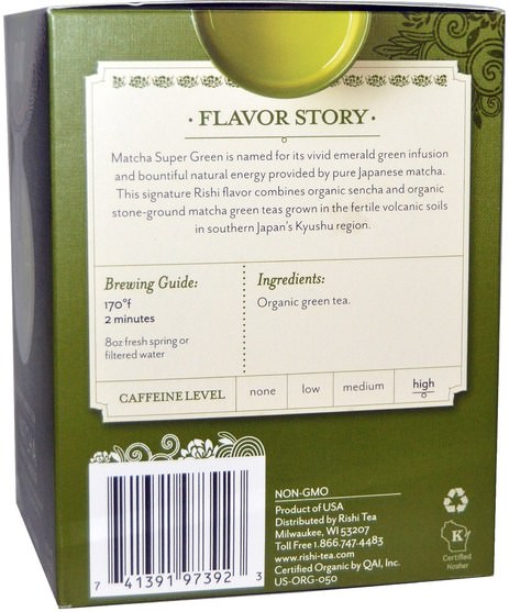 食物，涼茶，綠茶 - Rishi Tea, Organic Green Tea, Matcha Super Green, 15 Tea Bags 1.43 oz (40.5 g)