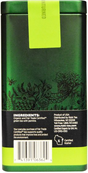 食物，涼茶，綠茶 - Rishi Tea, Organic Loose Leaf Green Tea, Jasmine, 1.94 oz (55 g)