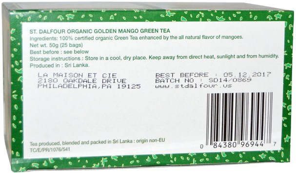 食物，涼茶，綠茶 - St. Dalfour, Organic Golden Mango Green Tea, 25 Envelopes, 1.75 oz (50 g)