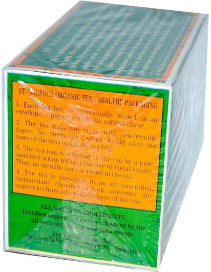 食物，涼茶，綠茶 - St. Dalfour, Organic Green Tea, Mandarin Orange, 25 Tea Bags, 1.75 oz (50 g)