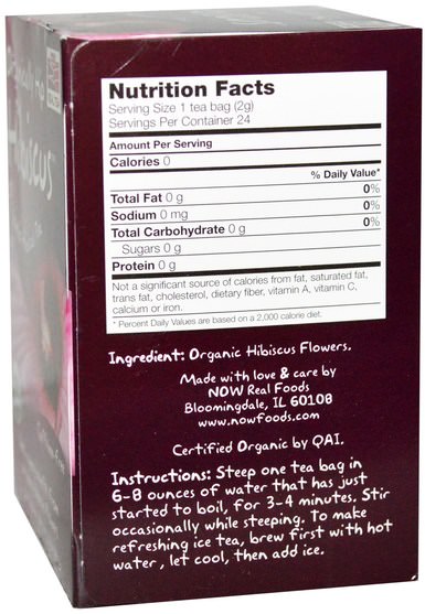 食物，涼茶，芙蓉 - Now Foods, Organic Real Tea, Organically Hip Hibiscus, Caffeine-Free, 24 Tea Bags, 1.7 oz (48 g)