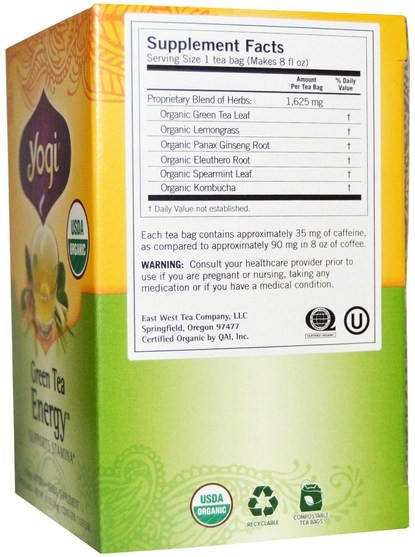 食品，涼茶，康普茶涼茶，補品，康普茶 - Yogi Tea, Organic Green Tea Energy, Caffeine, 16 Tea Bags.92 oz (26 g)