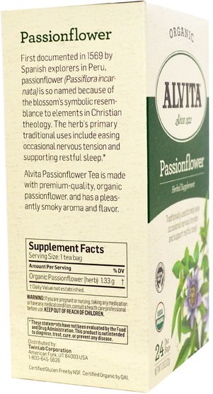 食物，涼茶，激情花 - Alvita Teas, Organic Passionflower Tea, Caffeine Free, 24 Tea Bags, 1.13 oz (32 g)