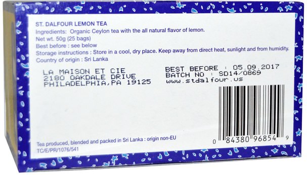 食物，涼茶 - St. Dalfour, Organic Lemon Tea, 25 Envelopes, 1.75 oz (50 g)