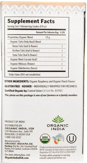 食物，涼茶，tulsi茶，補充劑，adaptogen - Organic India, Tulsi Holy Basil, Raspberry Peach, Caffeine Free, 18 Infusion Bags, 1.21 oz (34.2 g)