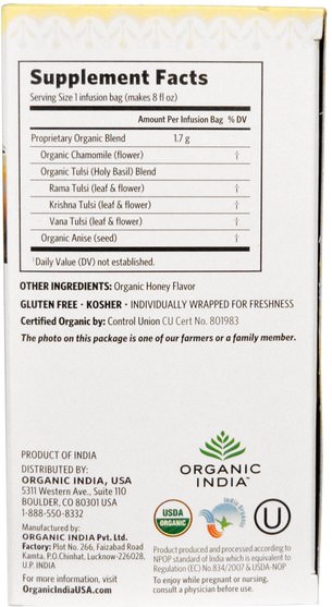 食物，涼茶，tulsi茶，補充劑，adaptogen - Organic India, Tulsi Holy Basil Tea, Honey Chamomile, Caffeine-Free, 18 Infusion Bags, 1.08 oz (30.6 g)