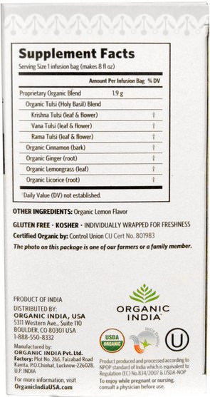 食物，涼茶，tulsi茶，補充劑，adaptogen - Organic India, Tulsi Holy Basil Tea, Licorice Spice, Caffeine Free, 18 Infusion Bags, 1.21 oz (34.2 g)