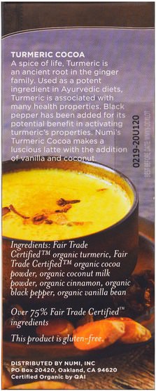 食物，涼茶，薑黃茶，補品，抗氧化劑，薑黃素 - Numi Tea, Organic Turmeric Cocoa, Golden Latte, Caffeine Free, 2.12 oz (60 g)