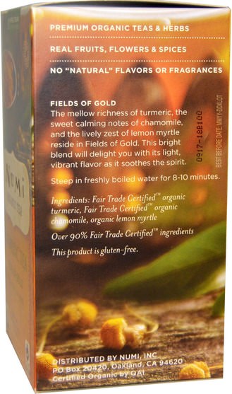 食物，涼茶，薑黃茶，補品，抗氧化劑，薑黃素 - Numi Tea, Organic Turmeric Tea, Fields of Gold, 12 Tea Bags, 1.31 oz (37.2 g)