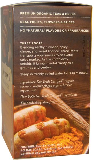 食物，涼茶，薑黃茶，補品，抗氧化劑，薑黃素 - Numi Tea, Organic Turmeric Tea, Three Roots, Caffeine Free, 12 Tea Bags, 1.42 oz (40.2 g)