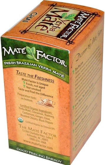 食物，涼茶，馬黛茶，柴茶 - Mate Factor, Organic Yerba Mat, Chai, 20 Tea Bags, 2.47 oz (70 g)