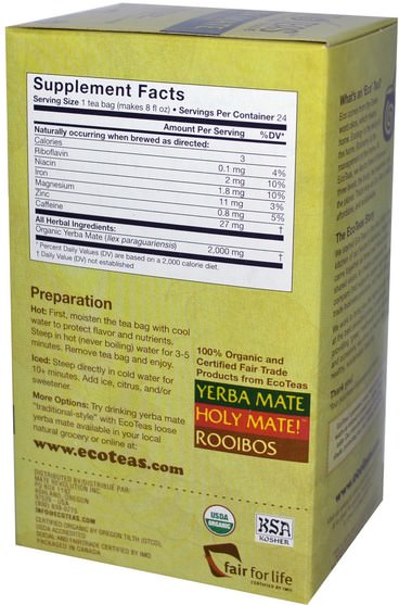 食物，涼茶，馬黛茶 - Eco Teas, Yerba Mate, Unsmoked, Green Energy, 24 Tea Bags, 1.7 oz (48 g)