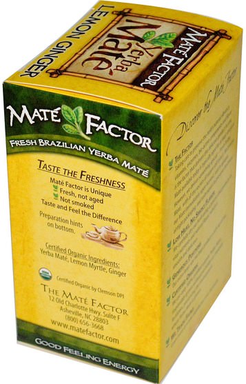 食物，涼茶，馬黛茶 - Mate Factor, Organic Yerba Mat, Lemon Ginger, 20 Tea Bags, 2.47 oz (70 g)