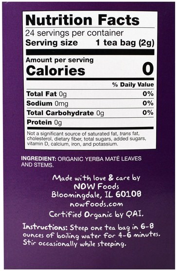 食物，涼茶，馬黛茶 - Now Foods, Organic Real Tea, Mighty Yerba Mate, 24 Tea Bags, 1.7 oz (48 g)