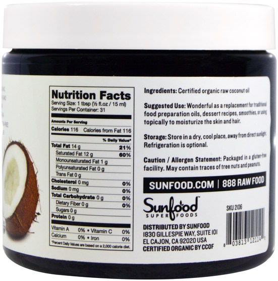 食物，酮友好，椰子油 - Sunfood, Coconut Oil, Raw Extra-Virgin, 16 fl oz (473.2 ml)