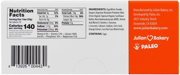 食物，酮友好，運動 - The Julian Bakery, InstaKetones Protein Bar, Caffeine Free, Orange Burst, 12 Bars, 1.56 lbs (708 g)