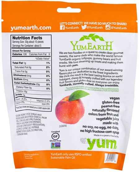 食物，甘草，小吃，糖果 - YumEarth, Soft Eating Gluten-Free Peach Licorice + Yum, 5 oz (140 g)